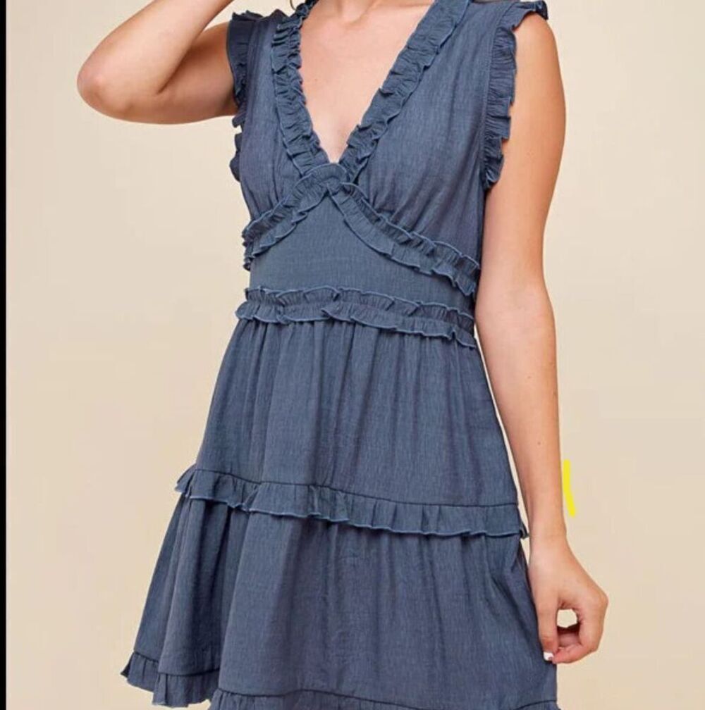 PINCH Women's Sleeveless V Neck Ruffle Mini Dress Blue Size Large - Picture 3 of 9